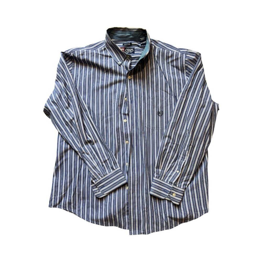 Chaps Mens XL Blue White Vertical Stripe Easy Care Button Down Shirt Long Sleeve